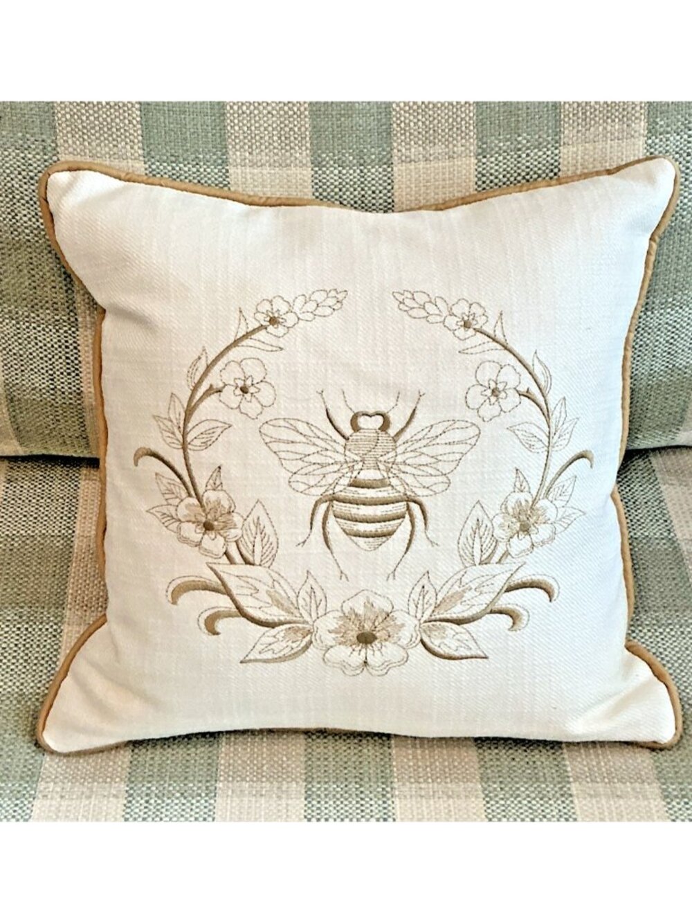 Custom Made Laural Bee Embroidered Pillow With Goose Feather Insert 15"